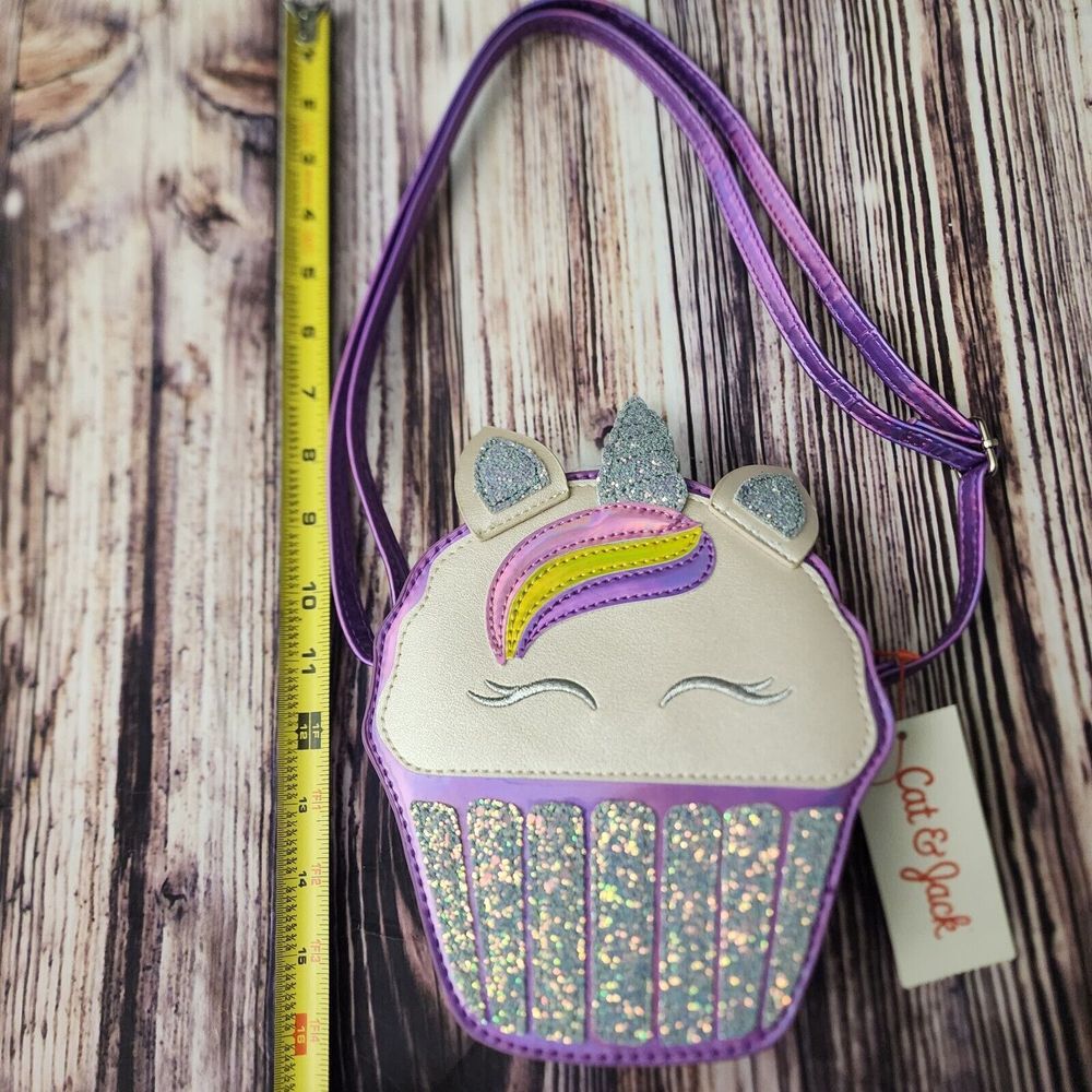 Cat & Jack Purple Unicorn colors Silver glitter Cupcake Crossbody Bag NEW NWT - Picture 3 of 7